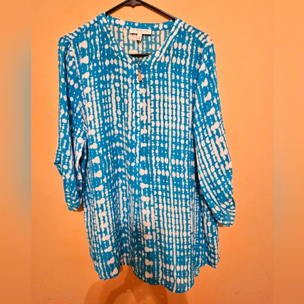 Chaus -Flirty Chiffon Blouse Half Zip up Tunic Shirt with 3/4 Roll Sleeve